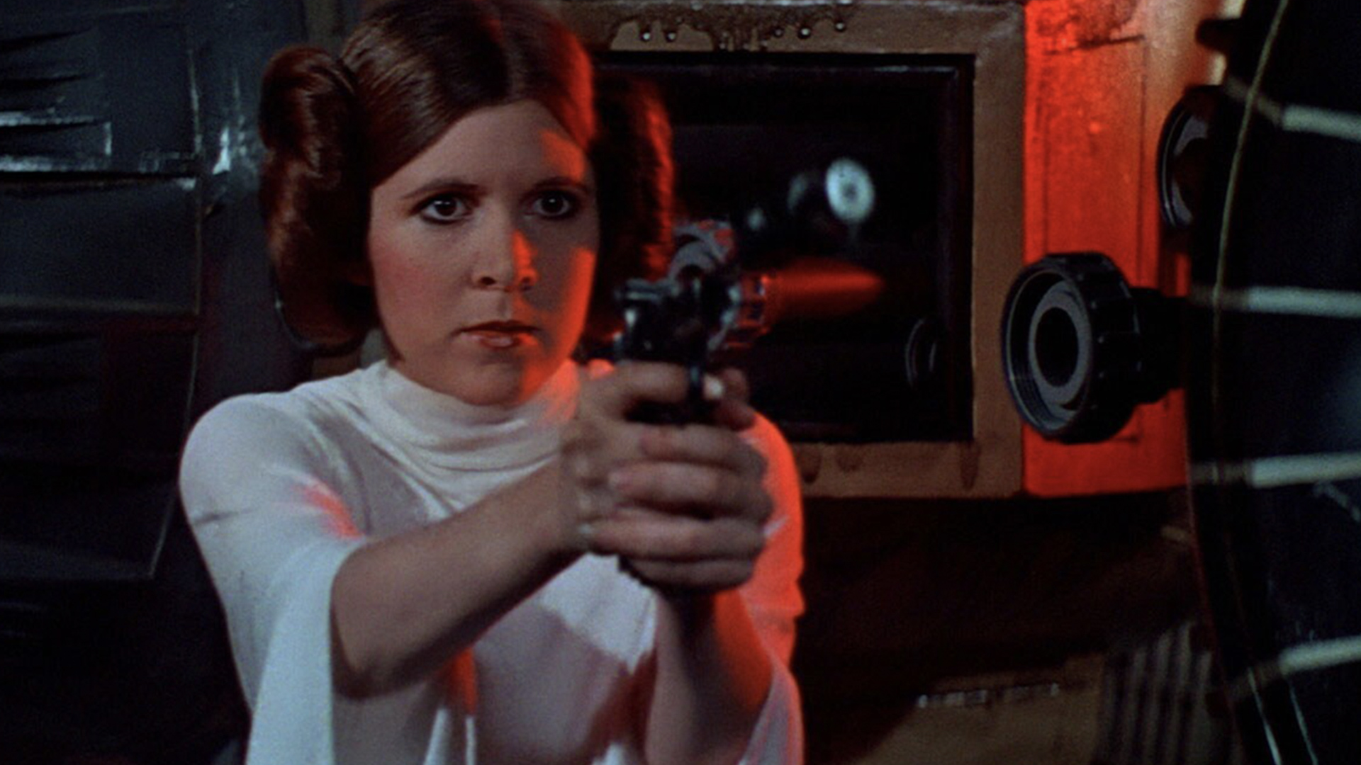 Princess Leia from Star Wars holding a blaster