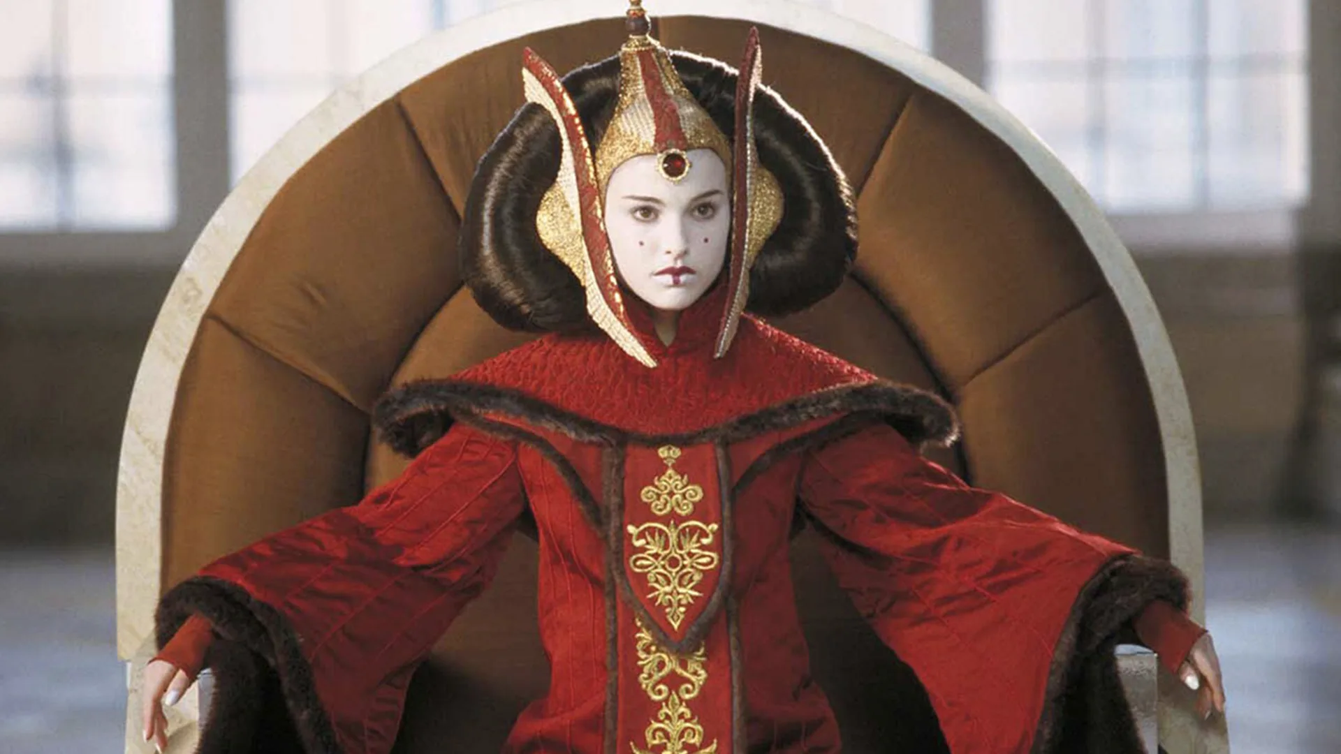 Padmé Amidala from Star Wars in her headdress and gown