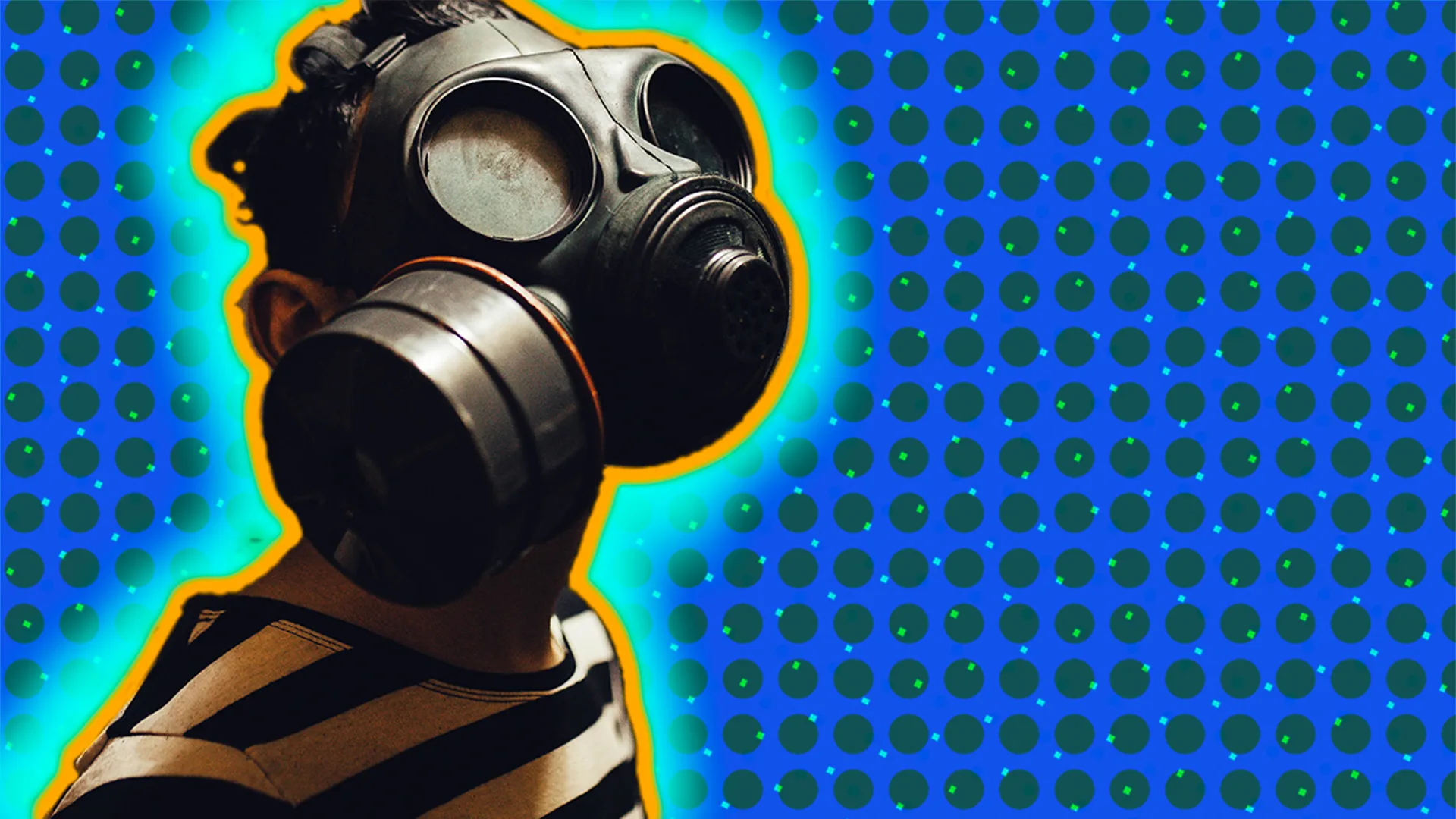 Person wearing gas mask and striped top, outlined by light blue halo effect on blue-dotted background.