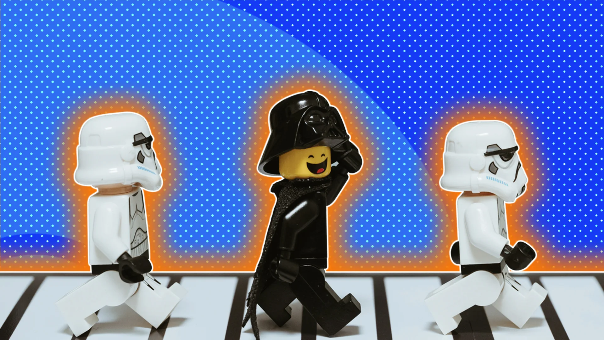 Lego Star Wars characters crossing the road with a polkadot background and a glow around the image
