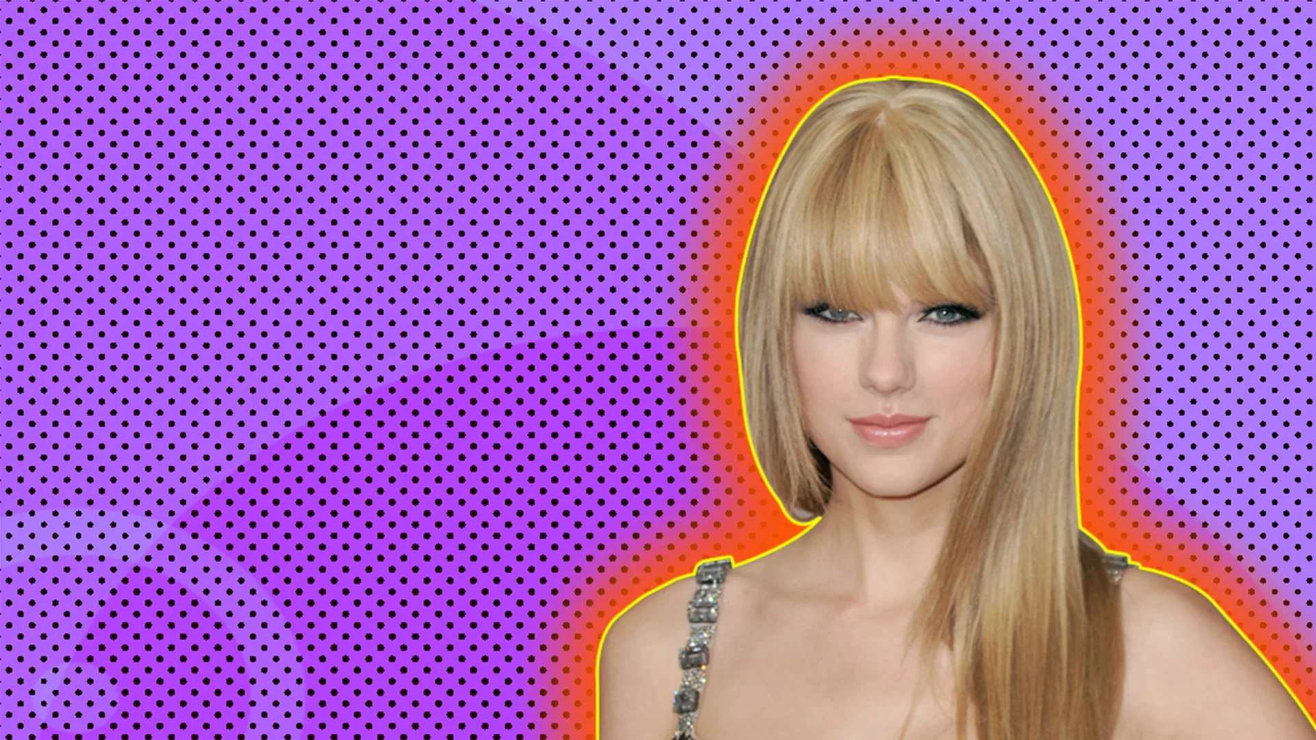 Taylor Swift, outlined by red halo effect on purple background dotted with black.