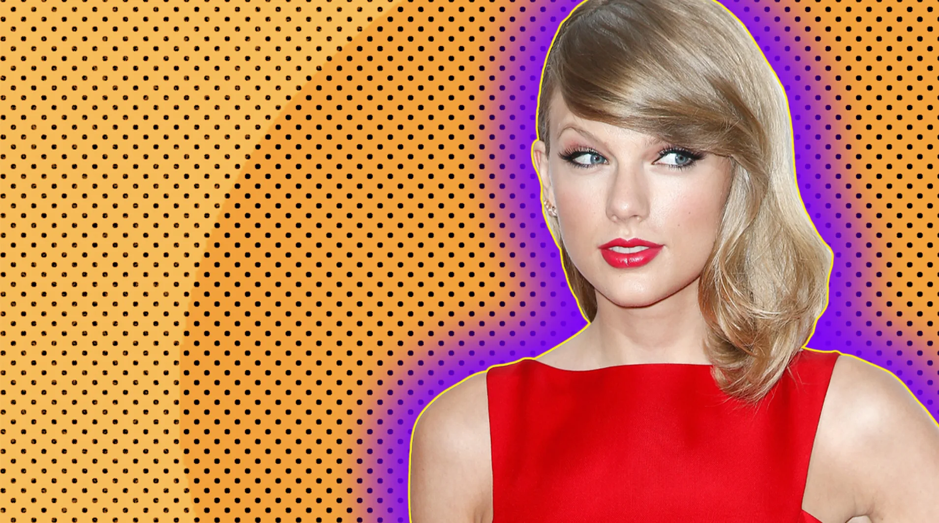 Taylor Swift wearing red dress and red lips, outlined by purple halo effect on orange background dotted with black.