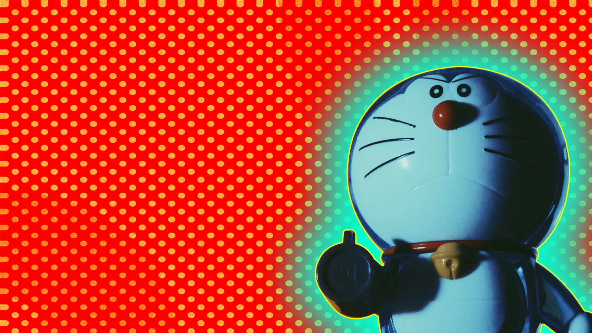 Doraemon, manga character, outlined by red halo effect on red-dotted background.