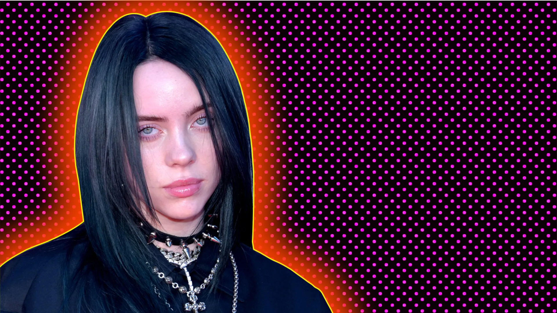 Billie Eilish wearing dark outfit and layered chain necklace, outlined by red halo effect on black and pink-dotted background.