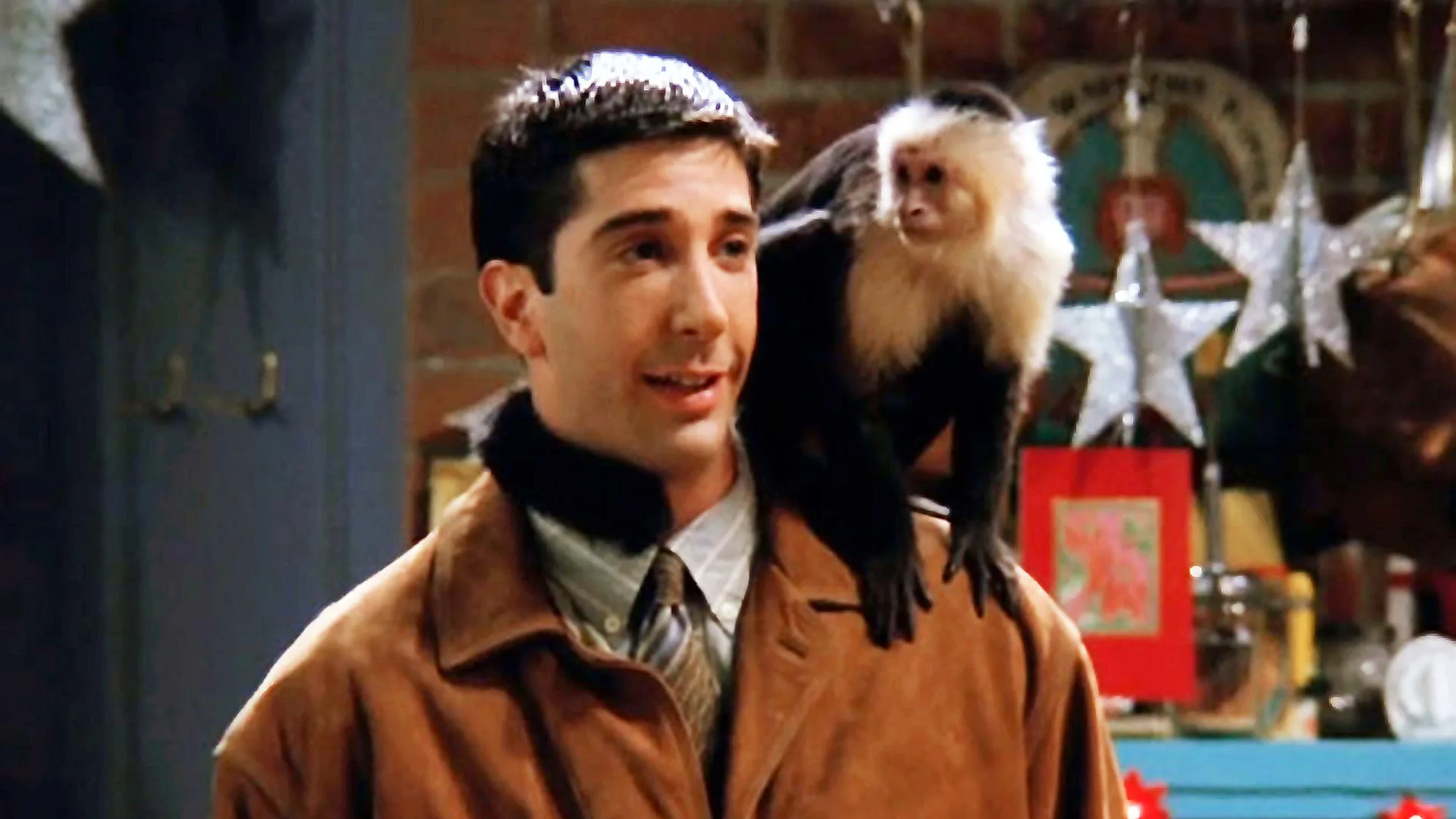 David Schimmer as the character Ross in Friends with a black and white monkey on his shoulder