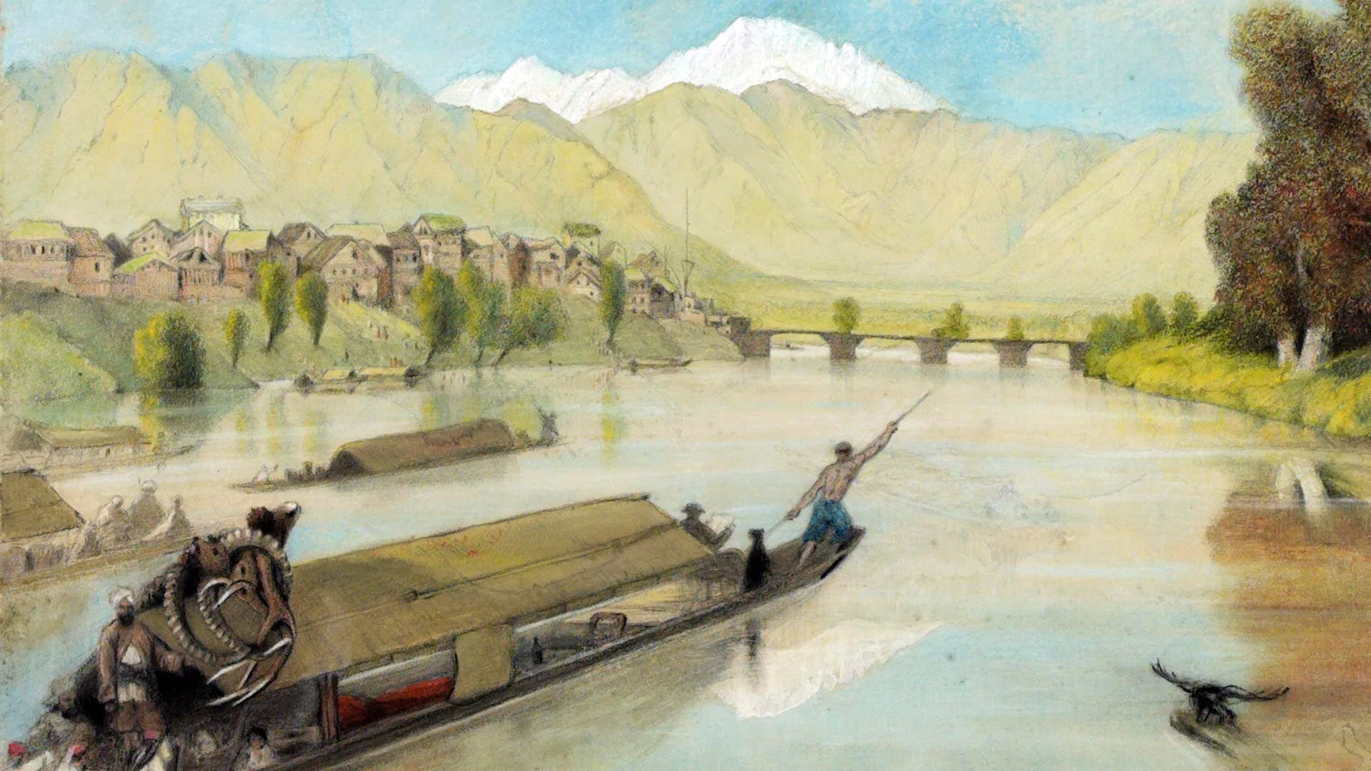 A painting from 1860 showing a riverboat scene with a man pointing forward on the boat. In the distance are snowcapped mountained and blue skies.