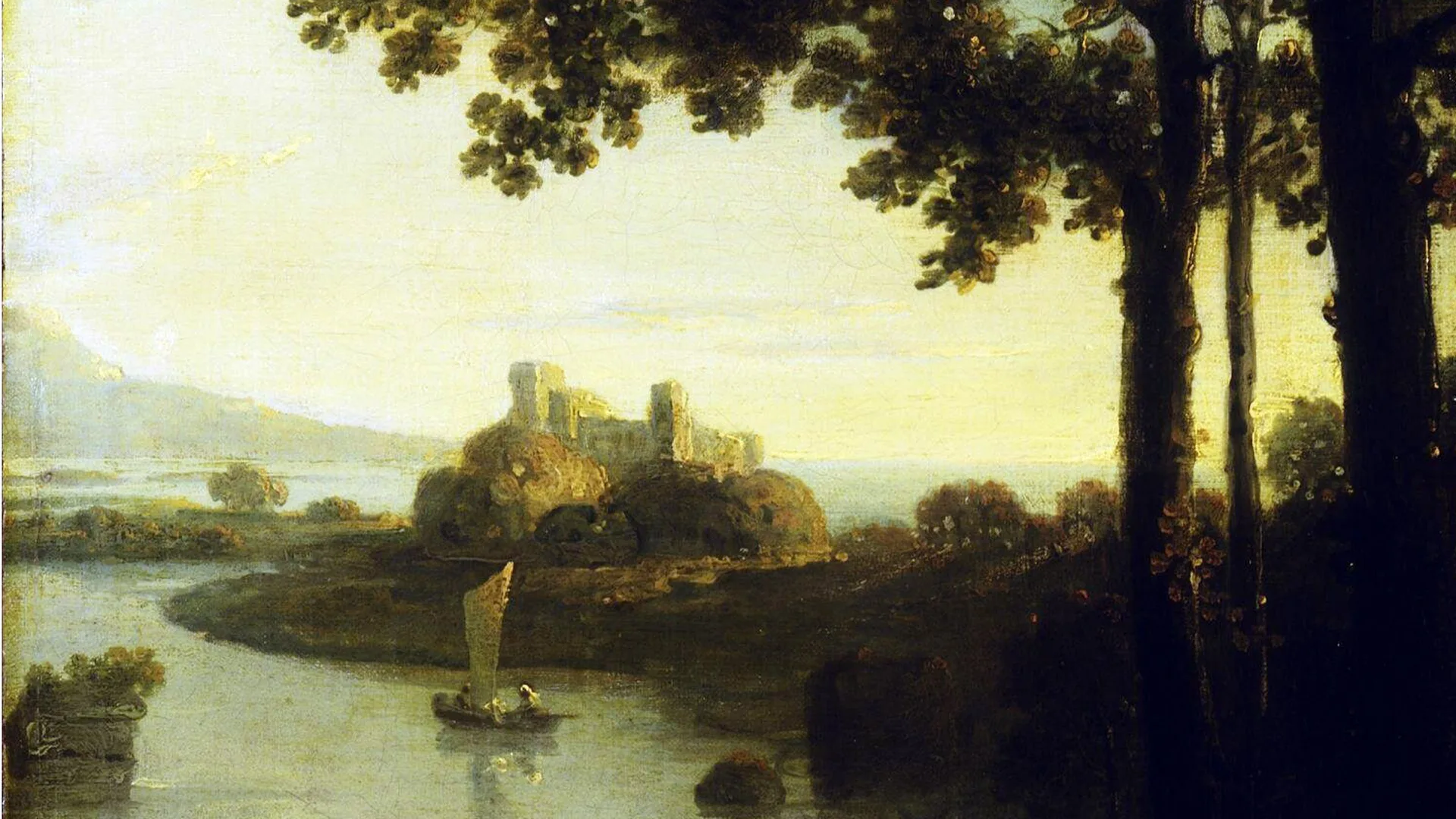 A mid 18th century painting depicting a river and castle scene at sunset with trees in the foreground. The colours are yellows and dark greens.
