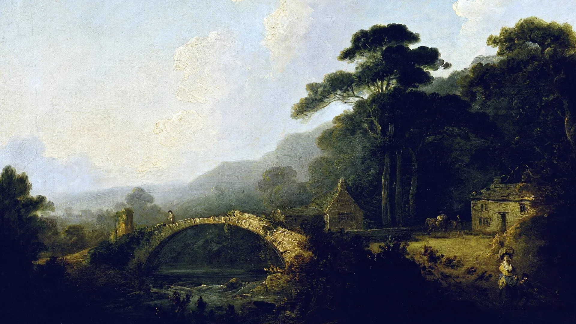 A 19th century painting showing a bridge next to a big tree with hills in the background. The colours are very dark except for the blue sky with vanilla shaded clouds.