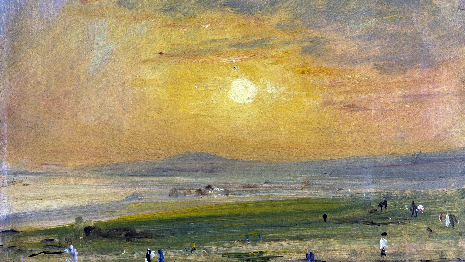 A 19th century painting showing a coastal scene at sunset in Brighton with the sun burning bright as it sets in the sky over the beach and sea.