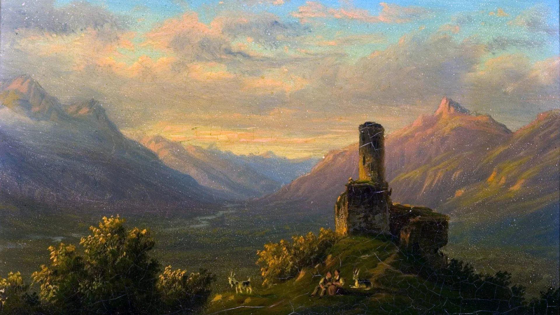 A 19th century painting showing a scene on a hill with a house and mountains in the background at sunset with creamy vanilla coloured clouds in the sky.