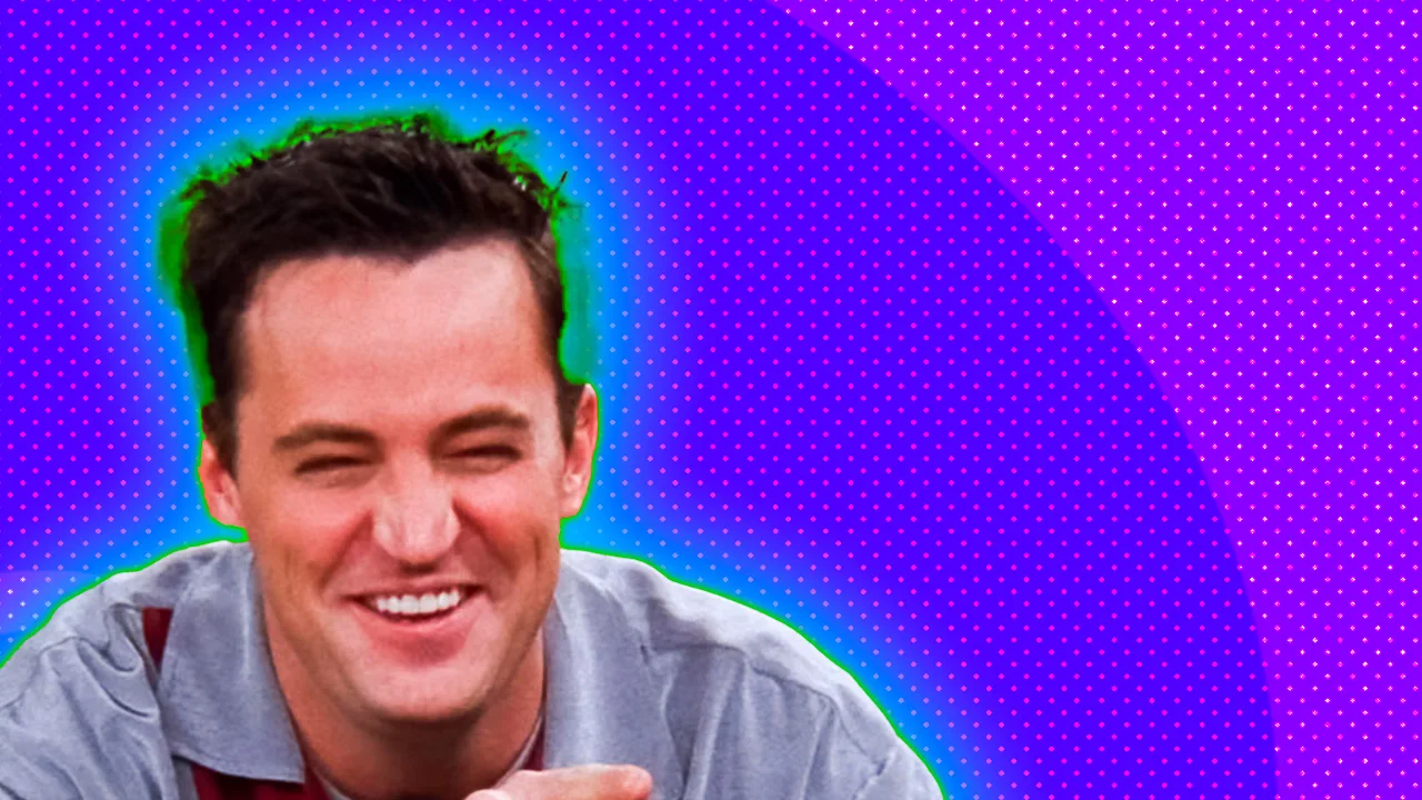 A photograph of Chandler from Friends laughing with a green halo around his head on a purple spotted background