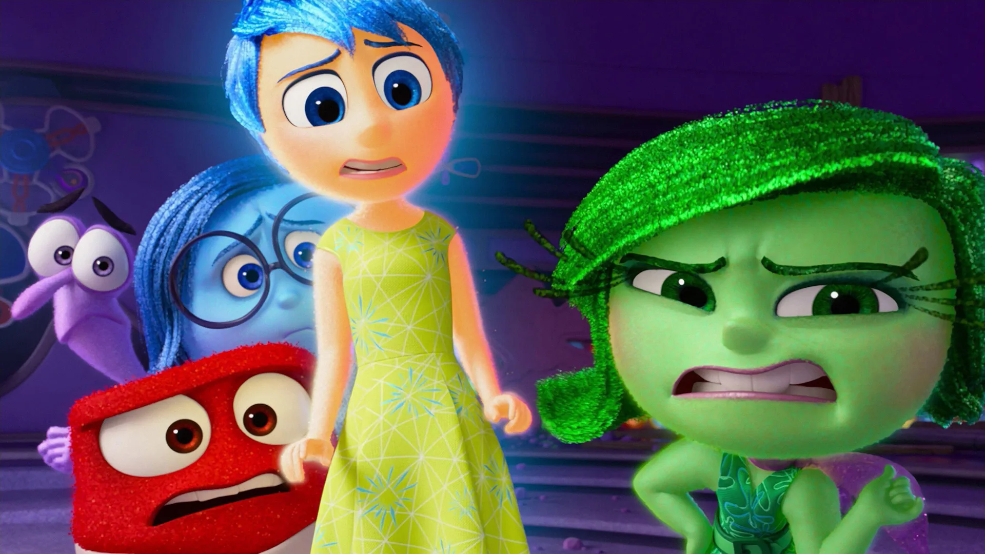 A scene from Disney Pixar film Inside Out showing Disgust grimacing as Joy, Anger and Sadness stand behind her looking worried.