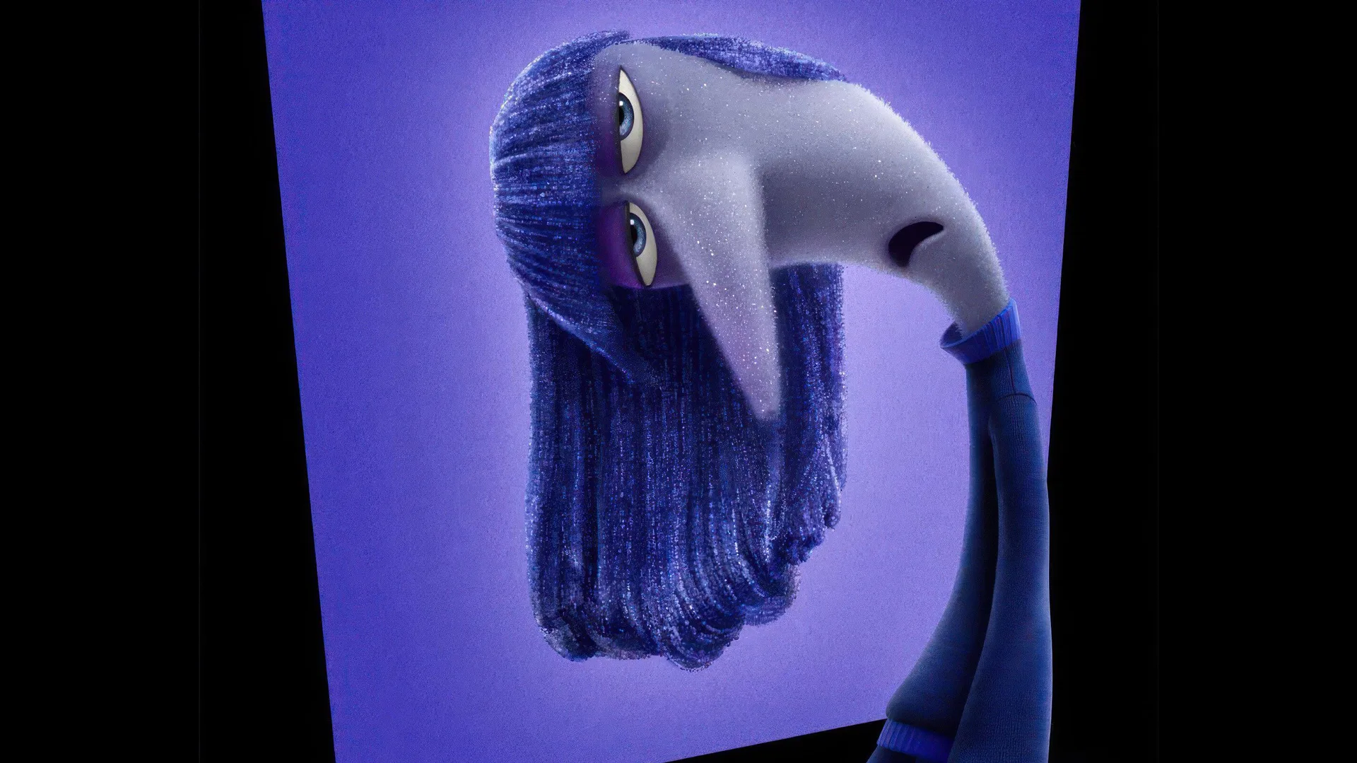 A close up of the character Ennui from Disney Pixar Inside Out against a purple glow background.