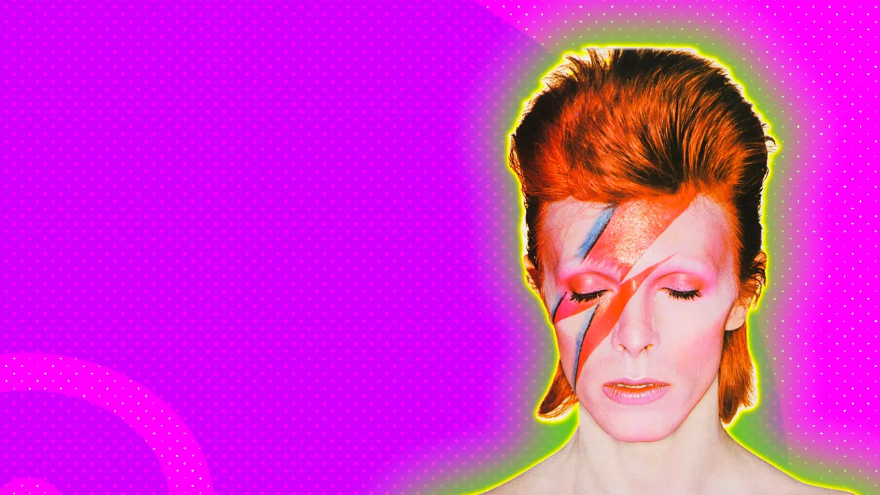 A photograph of David Bowie as Aladdin Sane with a colourful lightening bolt on his face and red hair against a background of pink dots with a yellow halo