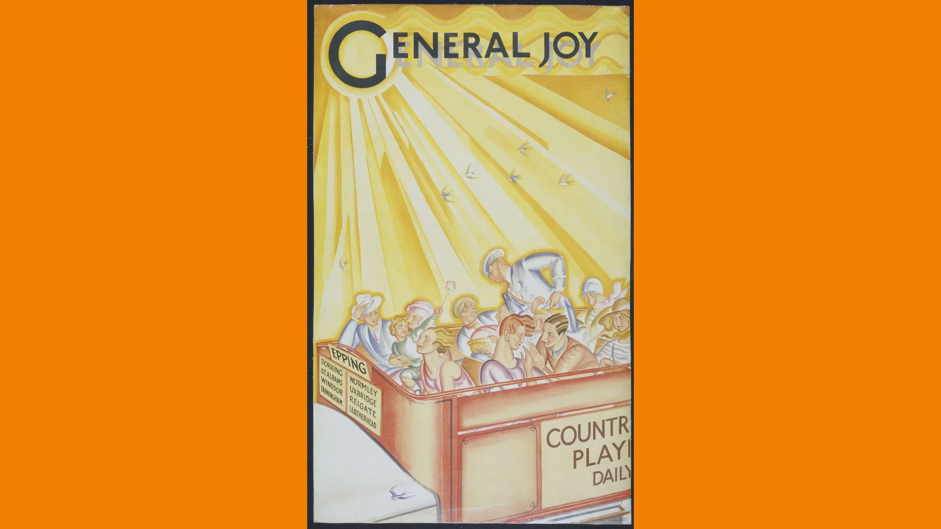 An illustration of people on a bus top in the sunshine with black text that says GENERAL JOY bordered with orange.