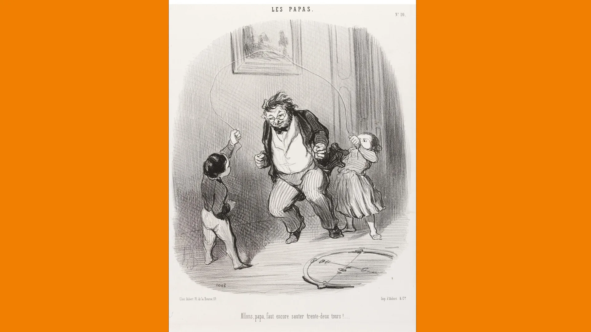 An illustration of a man skipping a rope with his two children in a home setting.