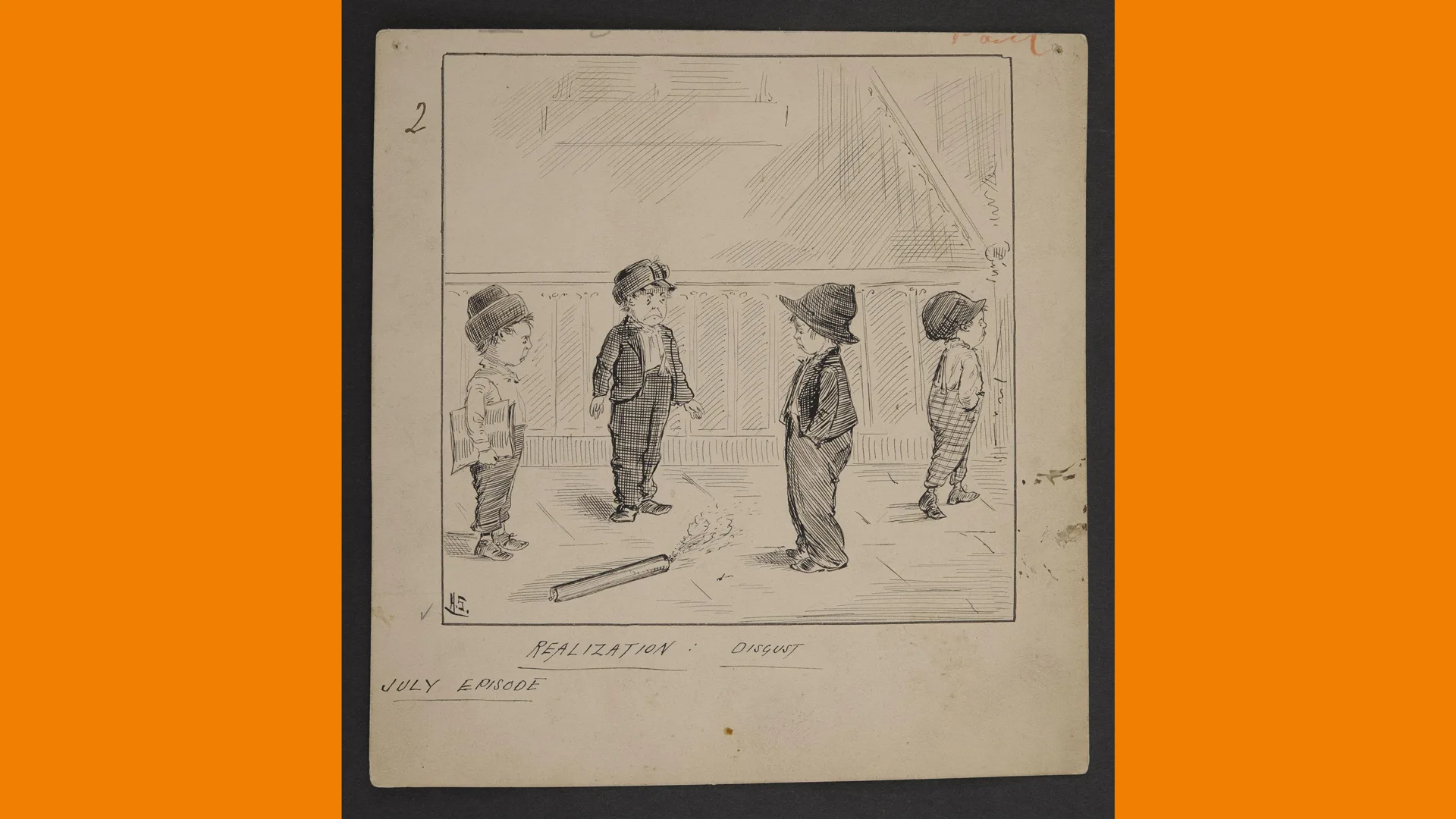 A pencil illustration of four young boys with digusted expressions looking at a lit firework on the floor. The image has orange borders either side.