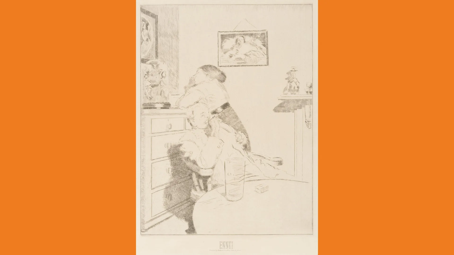 An illustration called Ennui by the famous painter Walter Sickert, showing a married couple in a livingroom in a state of boredom. The man is seated and facing the viewer whilst the woman stands behind him facing the wall with her head in hand. The drawing is in pencil with orange borders.