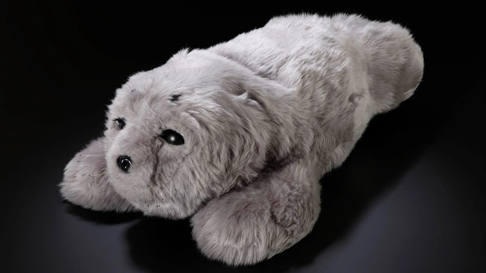 A photo of a robotic seal pup toy that is designed to help people with anxiety. It is grey with black eyes and lying down against a black background.