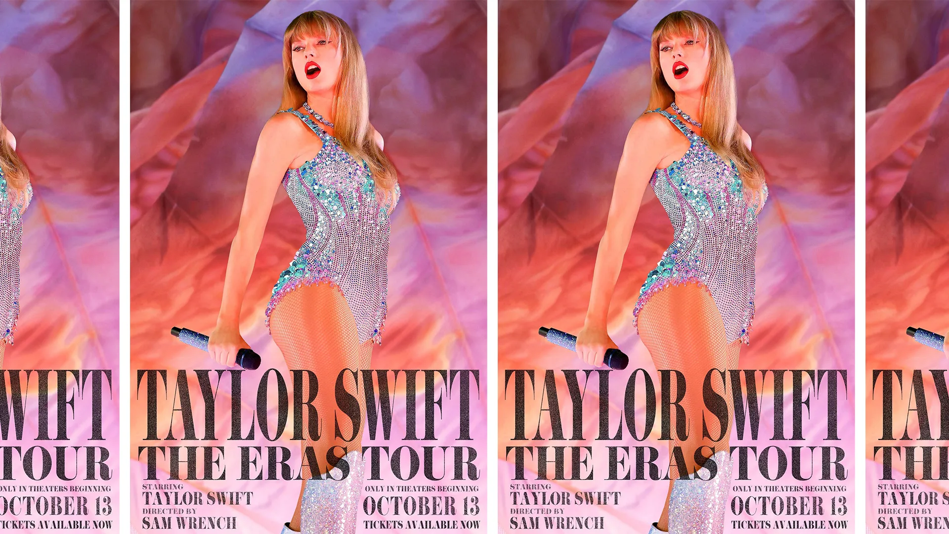 Taylor Swift The Eras Tour poster showing Taylor Swift in sequin bodysuit embellished with purple, light blue and silver crystals and sequins