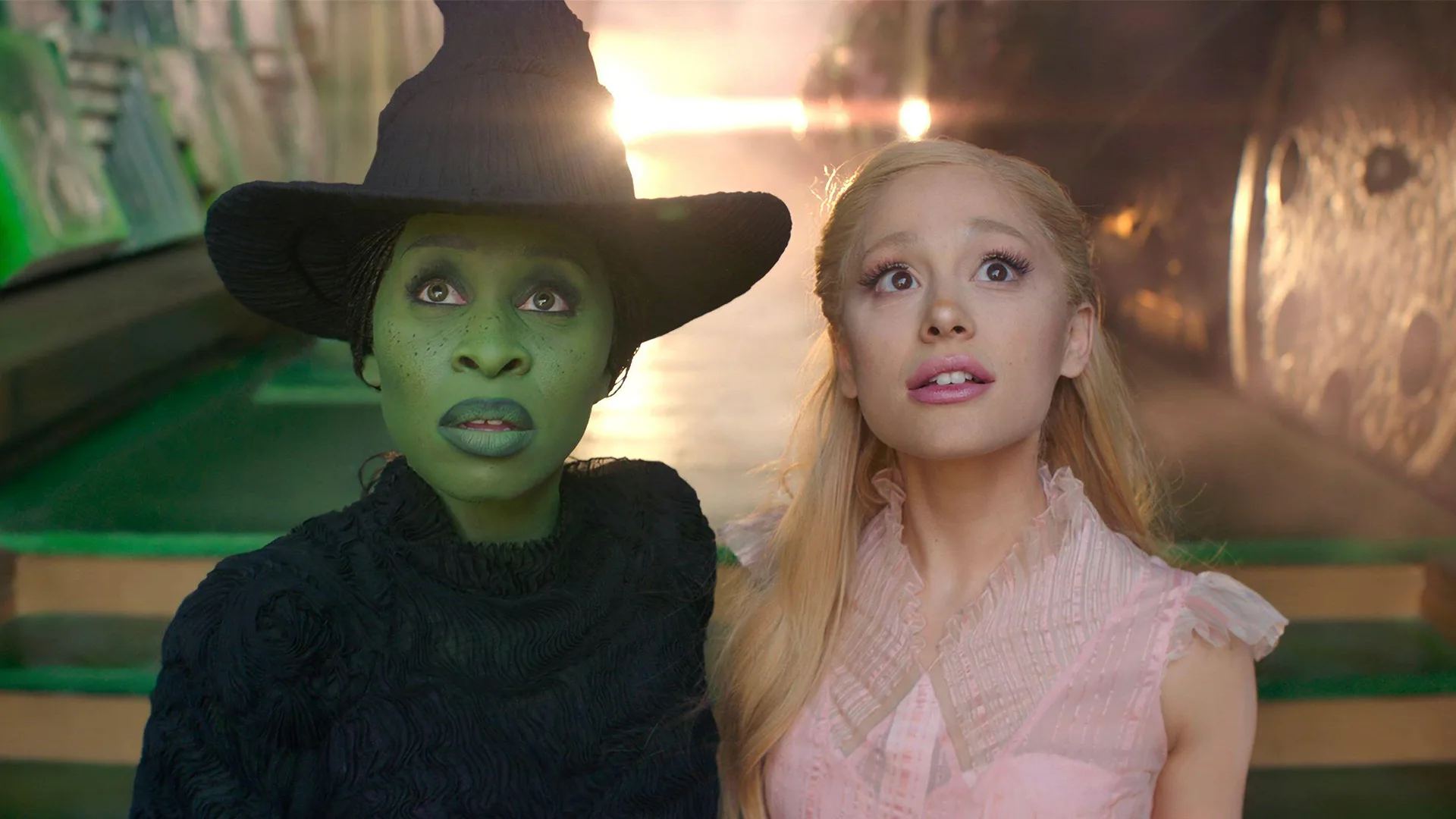 A still of the new Wicked film with Cynthia Erivo & Ariana Grande in costume as Elphaba and Glinda