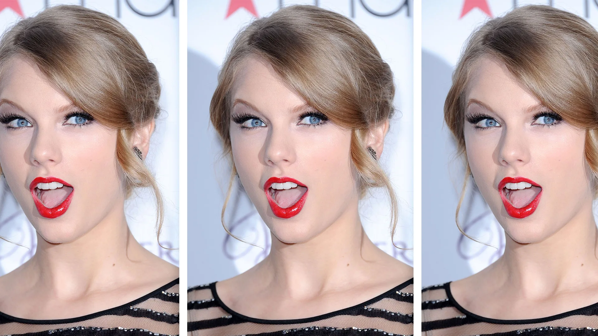 Taylor Swift pulling shocked face, the photo is repeated 3 times