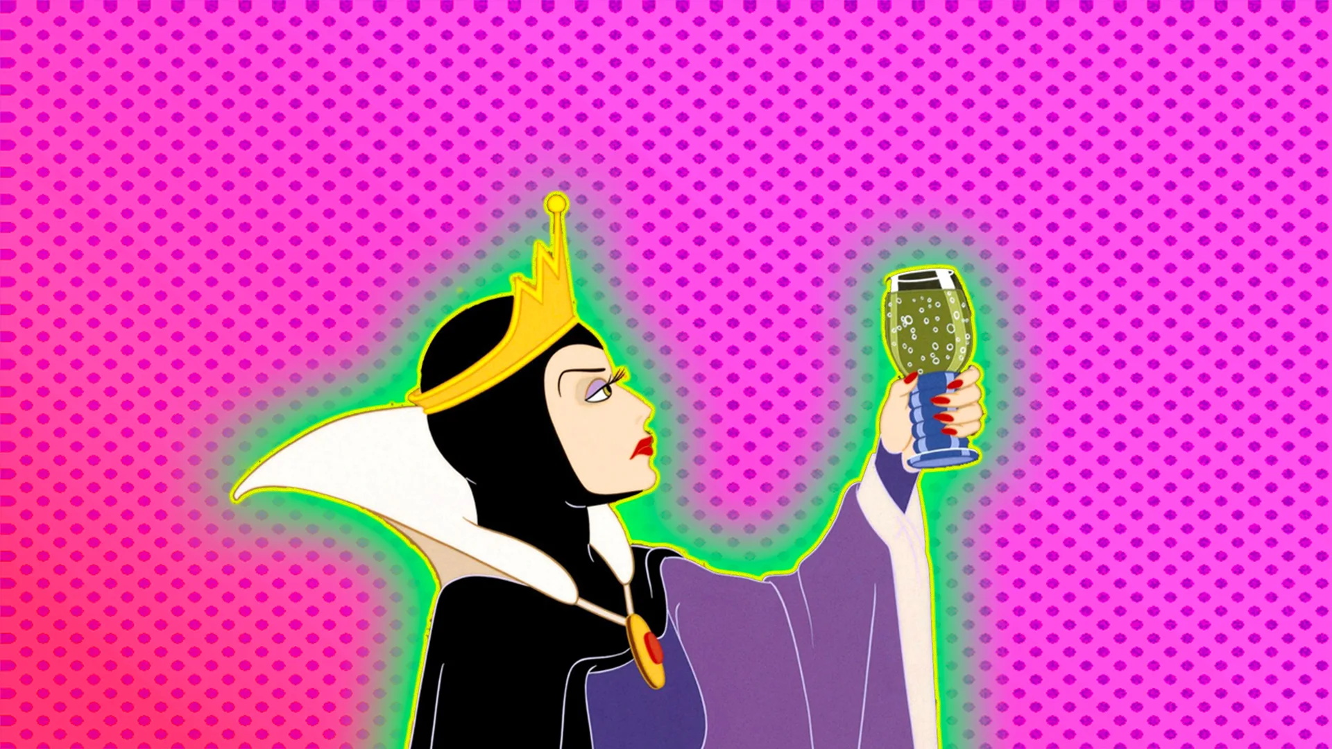 The Wicked Queen from Snow White holds up a drink above head. She has a green glow around her on a pink spotty background