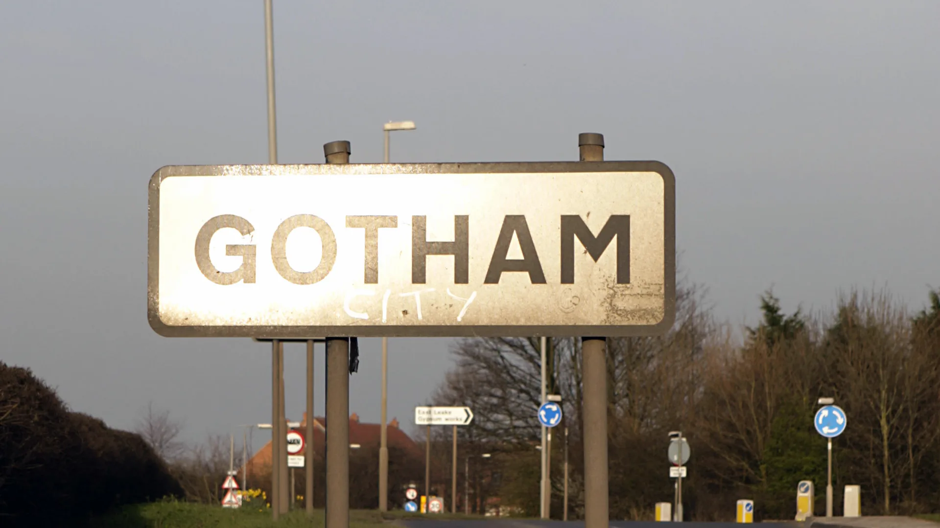 A photograph of a road sign that says "GOTHAM" against a grey sky with lamp posts and signs in the background on a stretch of road with a tree