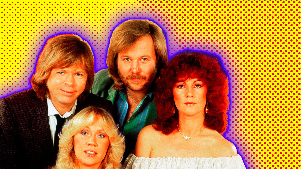 All four members of the band ABBA sitting face on with a purple halo around them against a yellow dotted background
