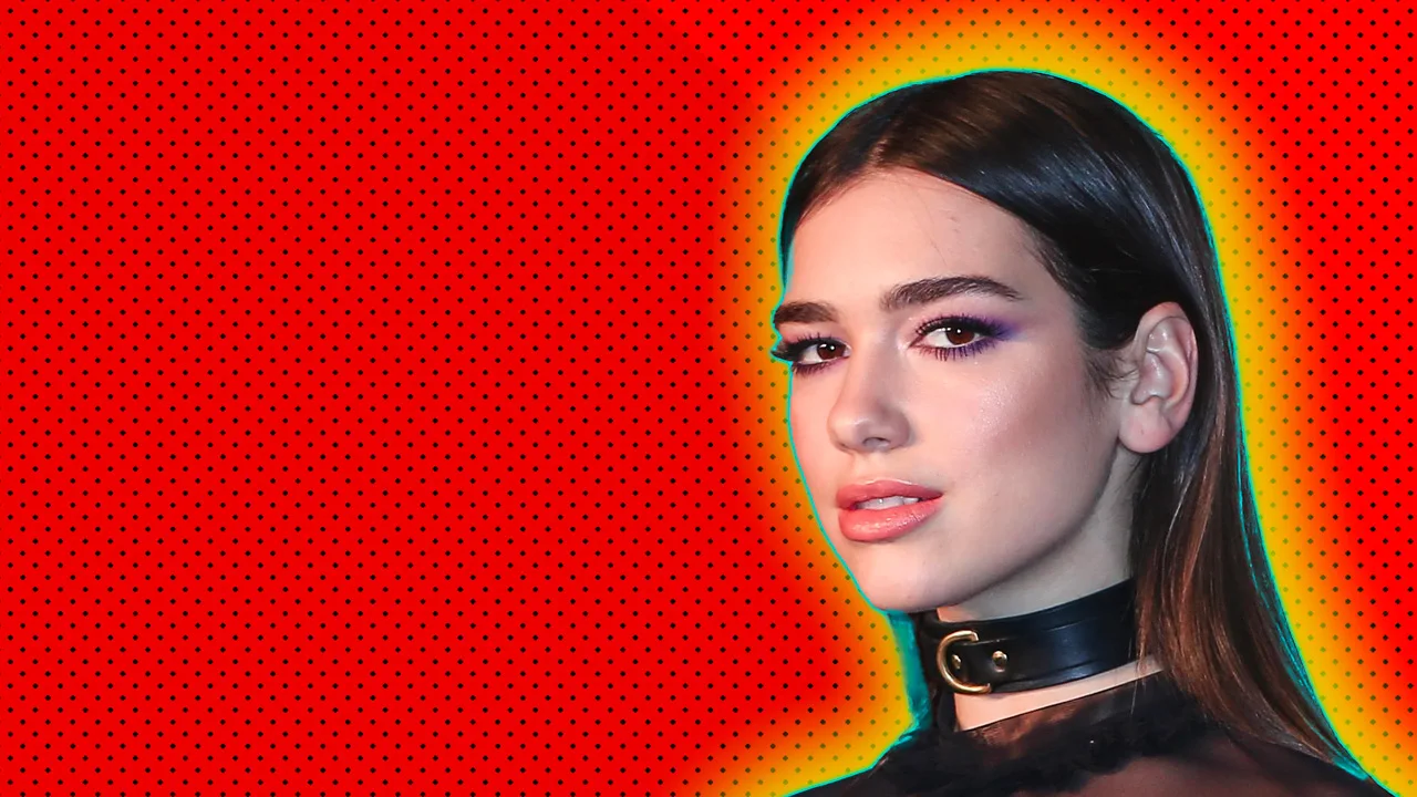A photo of Dua Lipa against a red dotted background with a yellow halo