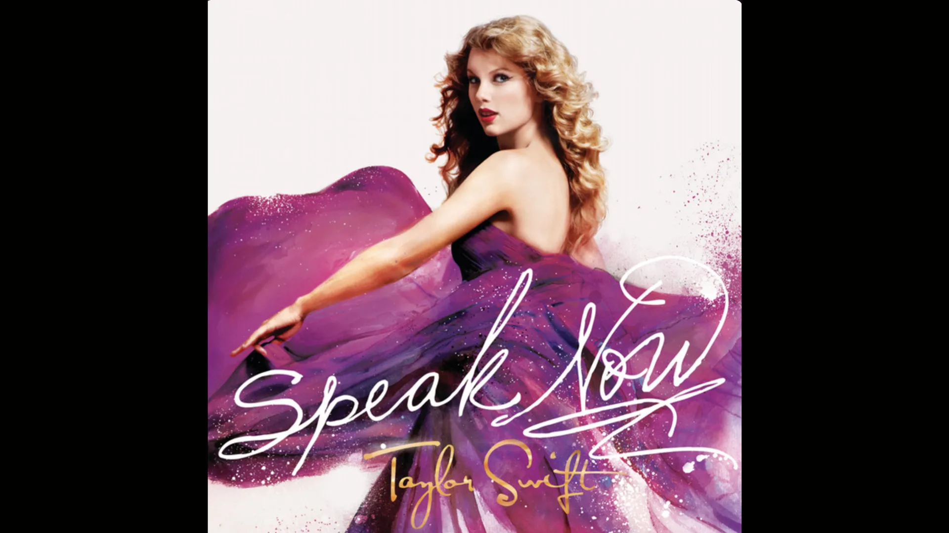 Taylor Swift's album cover for SPEAK NOW showing the singer wearing a purple sparkly dress swishing the material across the image with the text SPEAK NOW TAYLOR SWIFT below her against a white background