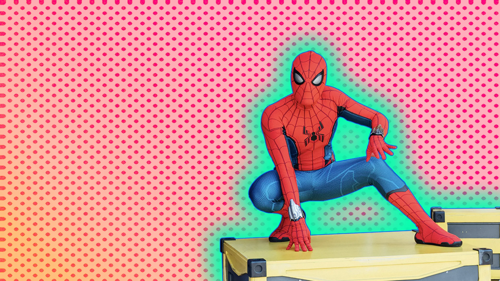 An image of Spiderman askew a box against a pink dotted background with a blue halo