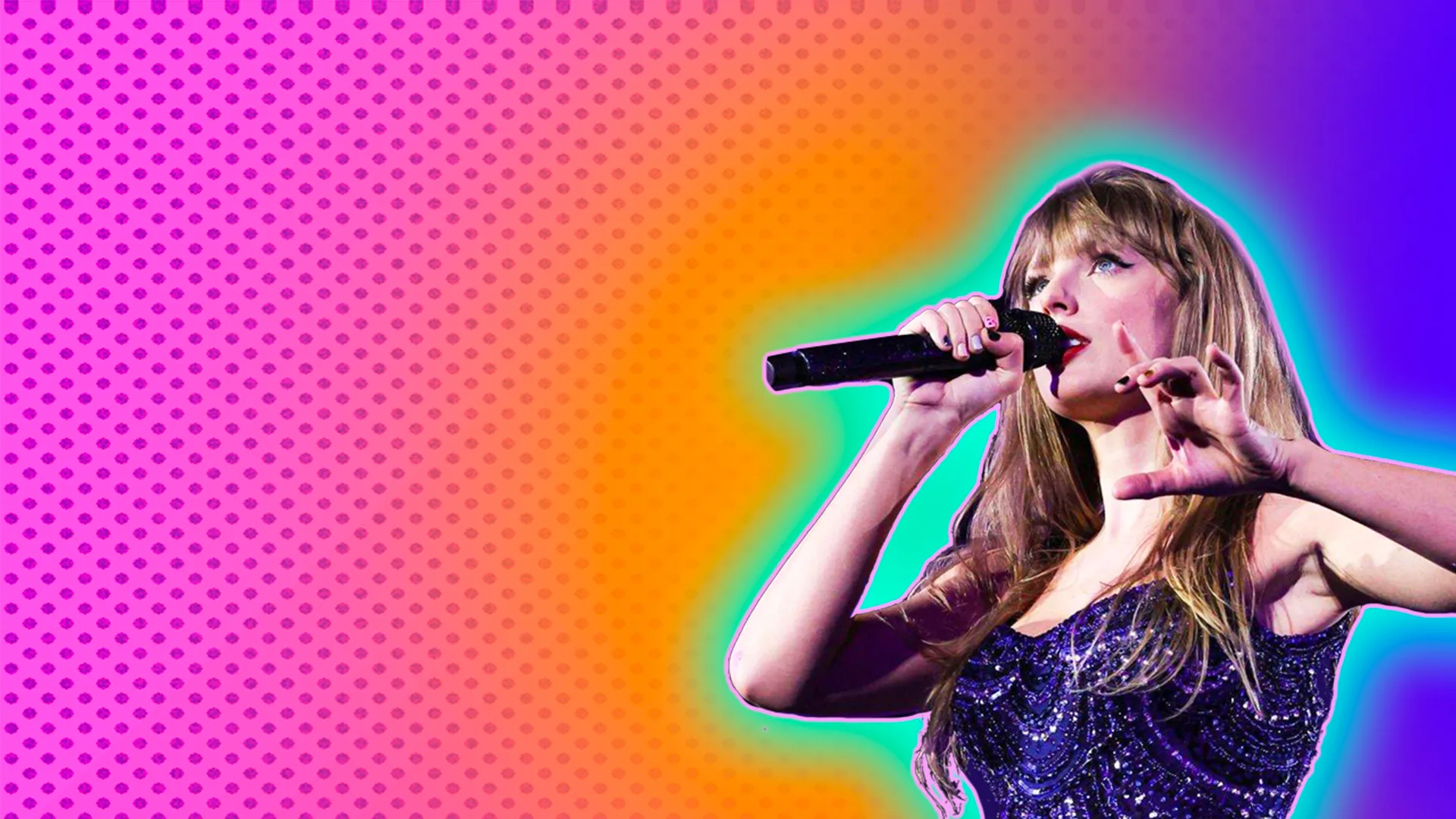 Cutout of Taylor Swift in blue sparkly bodysuit singing into microphone against a pink, orange and purple background