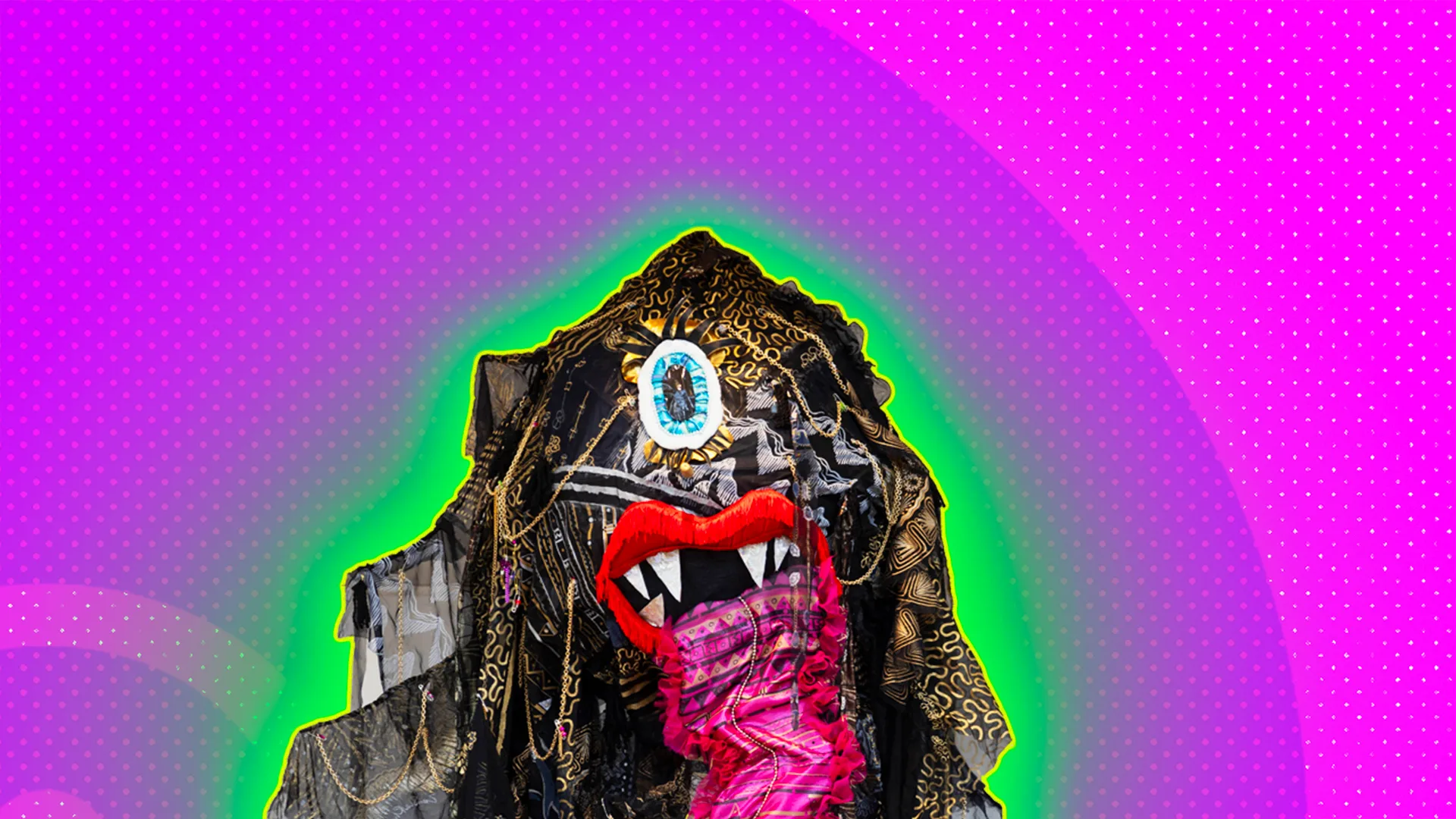 A Yōkai monster against a purple and pink background, with a lime green halo glow. The Yōkai 3d, and is made of black lacey fabric and has 1 large eye in the centre of its forehead, it has red lips and a long pink tongue made of fabric