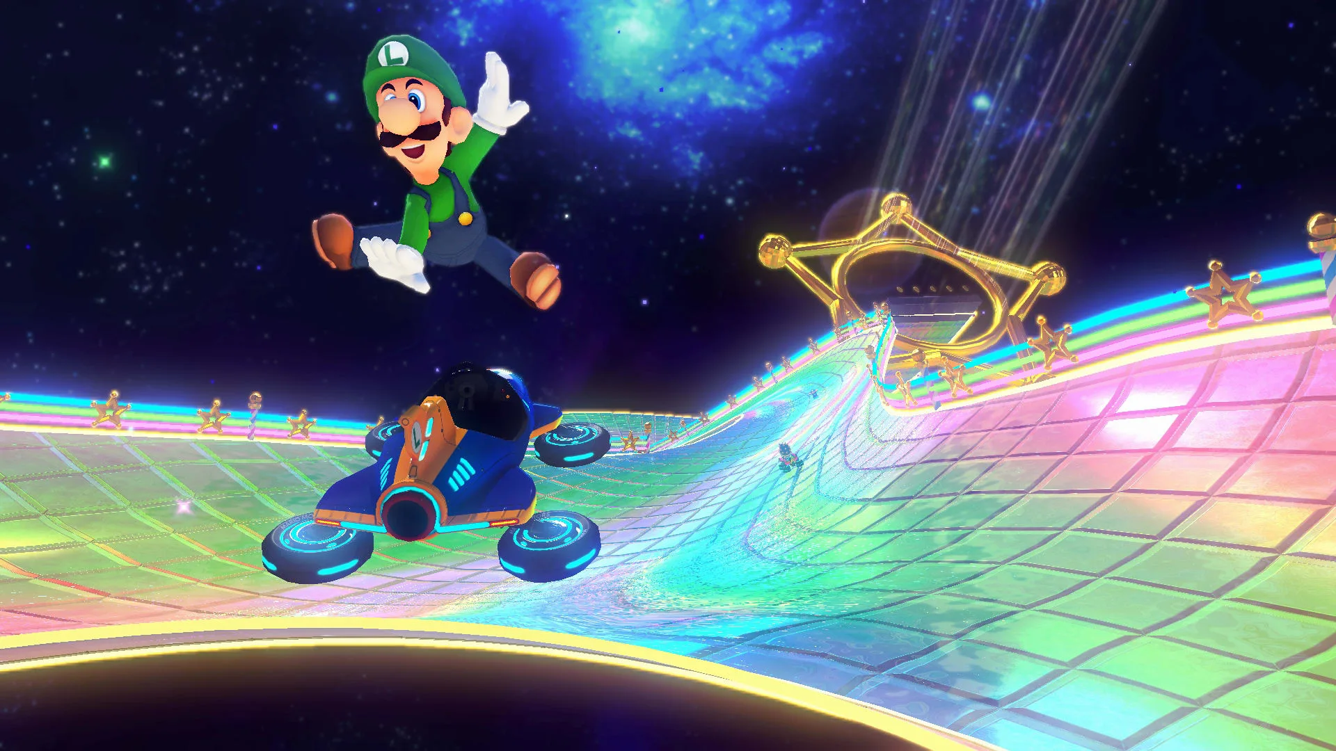 A still from Mario Kart showing Luigi leaping in the air from his kart on rainbow road against a night sky with a full moon