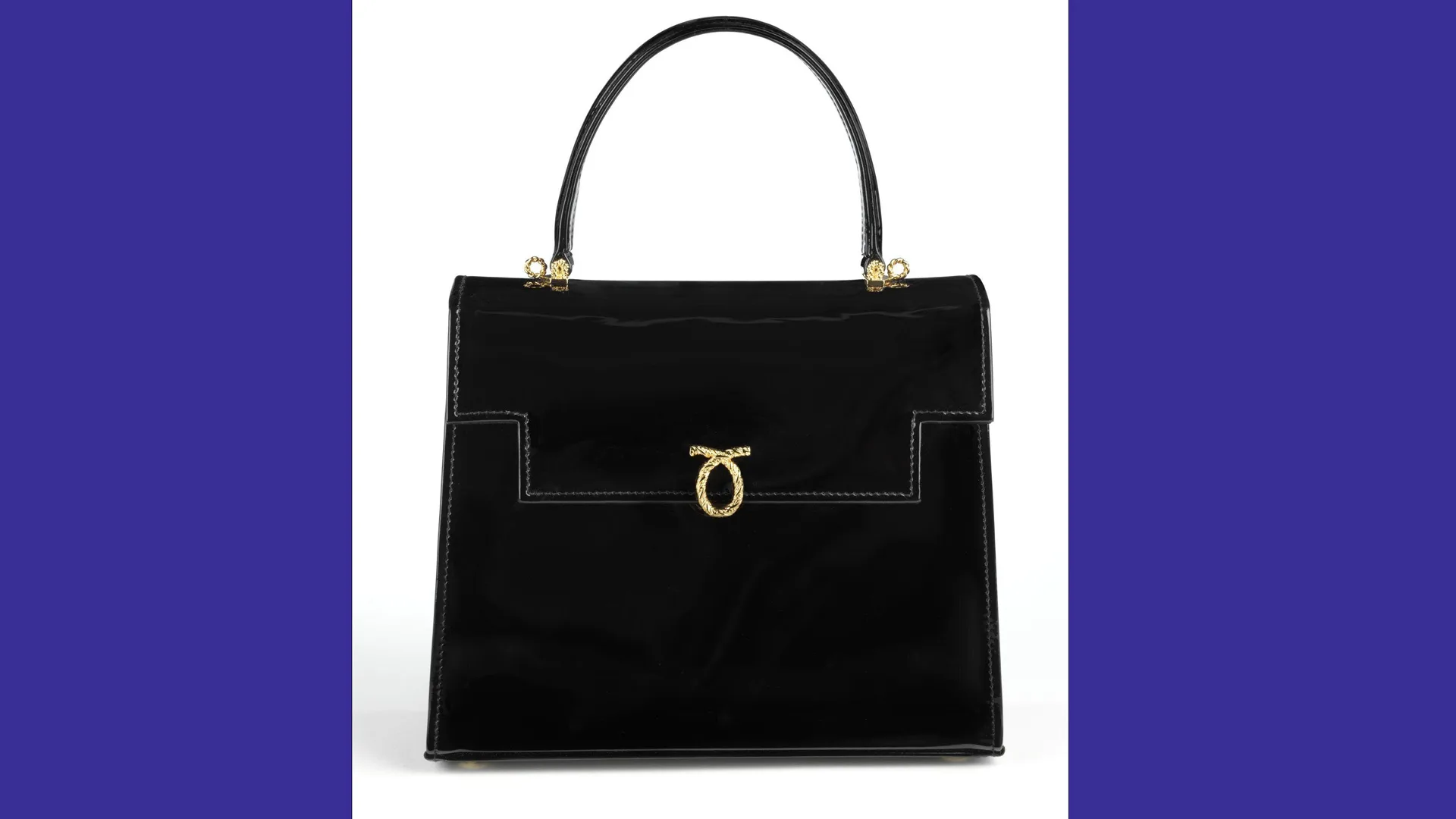 A photograph of a black handbag with a gold clasp against a white background with blue borders