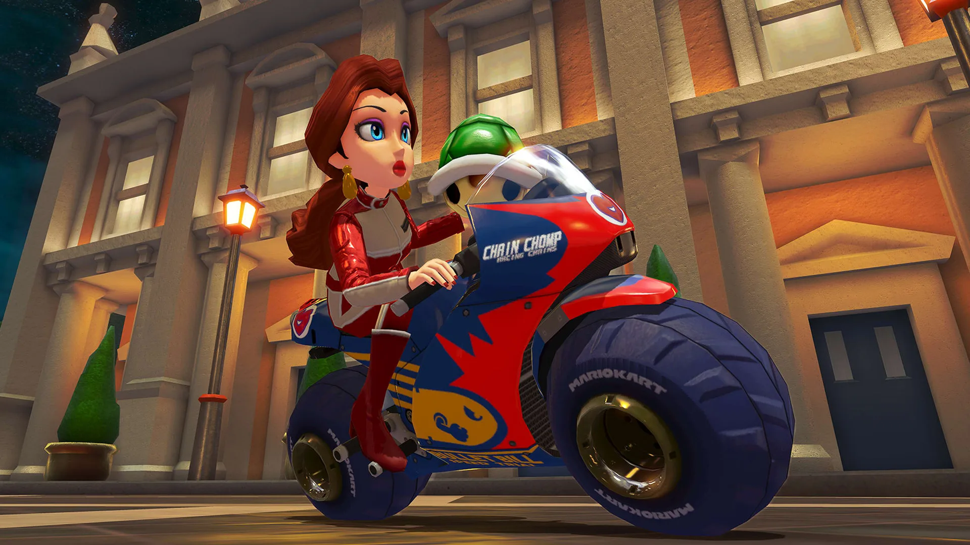 A still from Mario Kart showing Pauline riding a red and blue motorbike through the streets of Rome at night