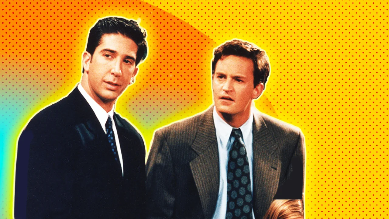 A photo of Ross and Chandler from Friends against a yellow and orange dotted background