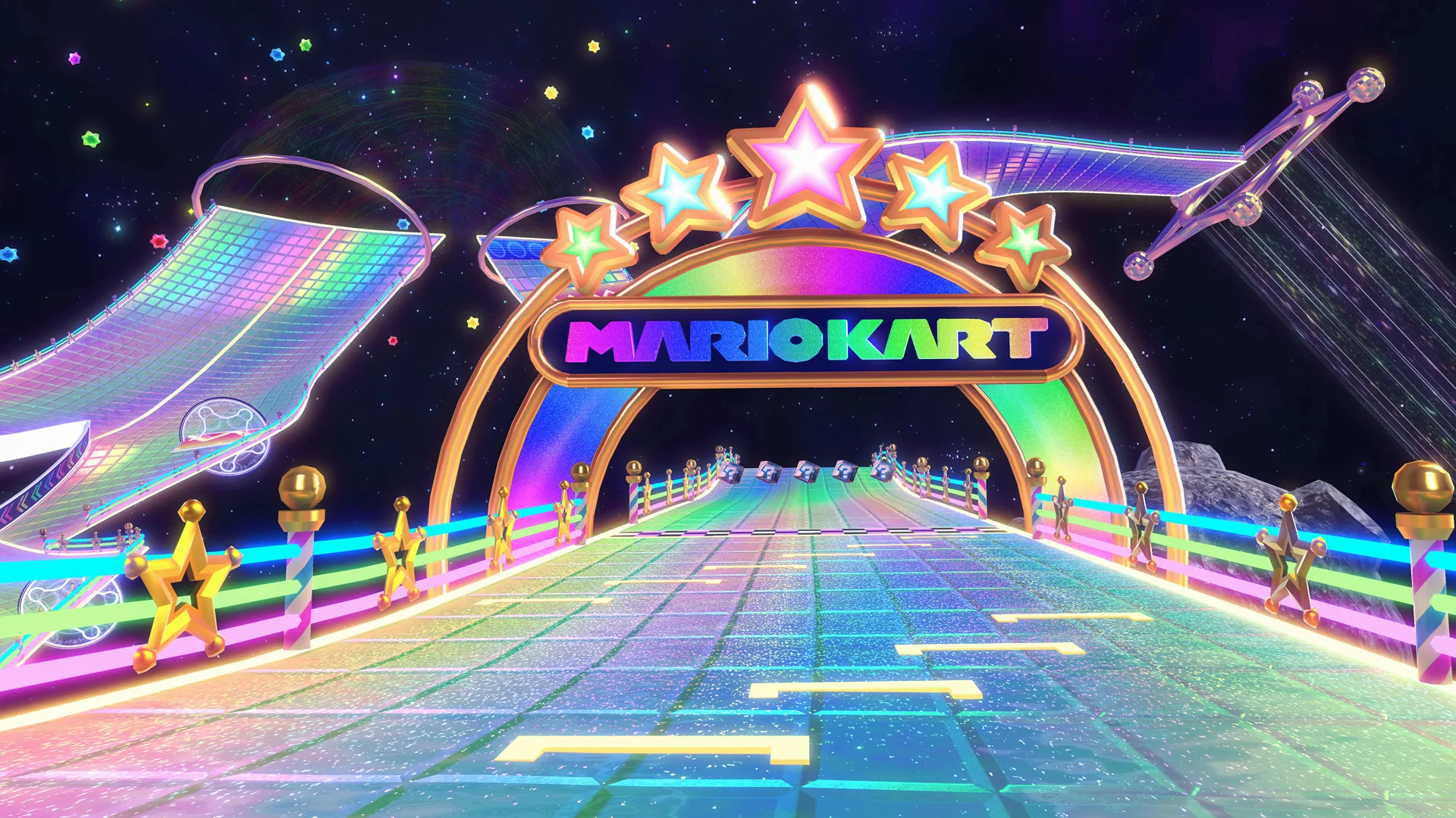 A still from Mario Kart showing the start line for Rainbow Road level in space