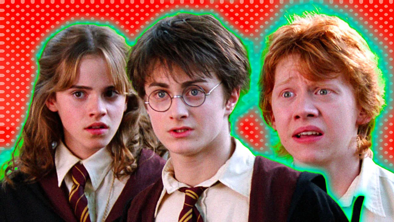 Harry Potter, Ron Weasley and Hermione Granger all stood looking concerned against a red dotted background with a green halo