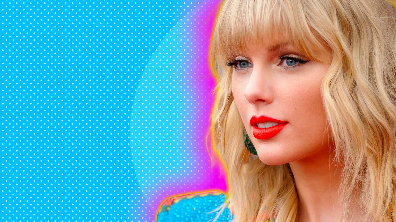 A photograph of Taylor Swift looking to the side in a blue top with her red lipstick and blonde hair surrounded by a pink halo against a blue dotted background