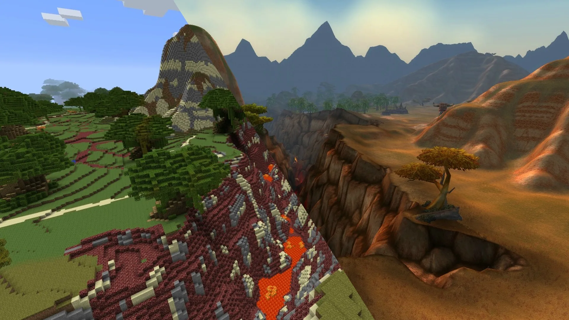 An image of a Minecraft build of Azeroth from World of Warcraft showing the mountainous landscape