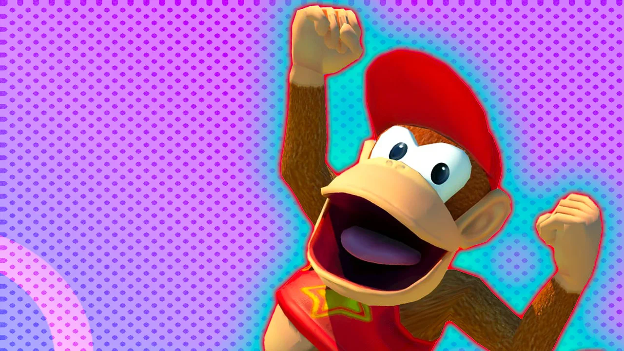 An image of Diddy Kong from Mario Kart celebrating in the air with a fist surrounded by a blue halo against a purple dotted background