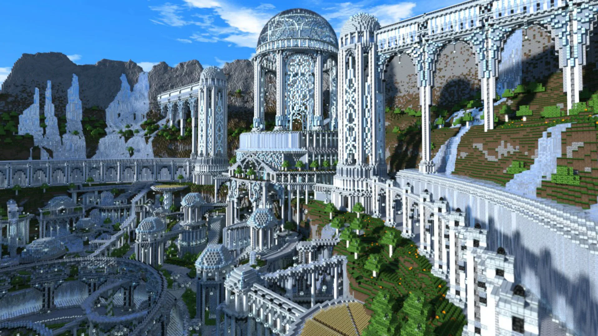 An image of the fantasy city Adamantis built in Minecraft showing white buildings make of ice with large dome structures and green trees