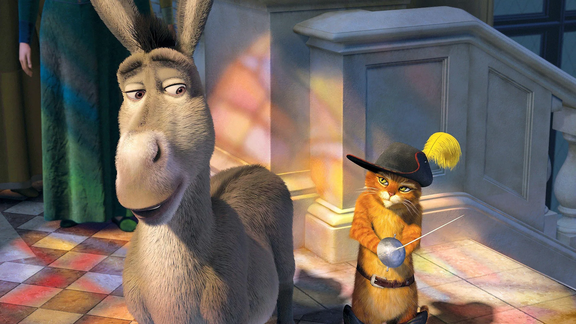 A still from Shrek 3 showing Donkey giving side eye to Puss in Boots