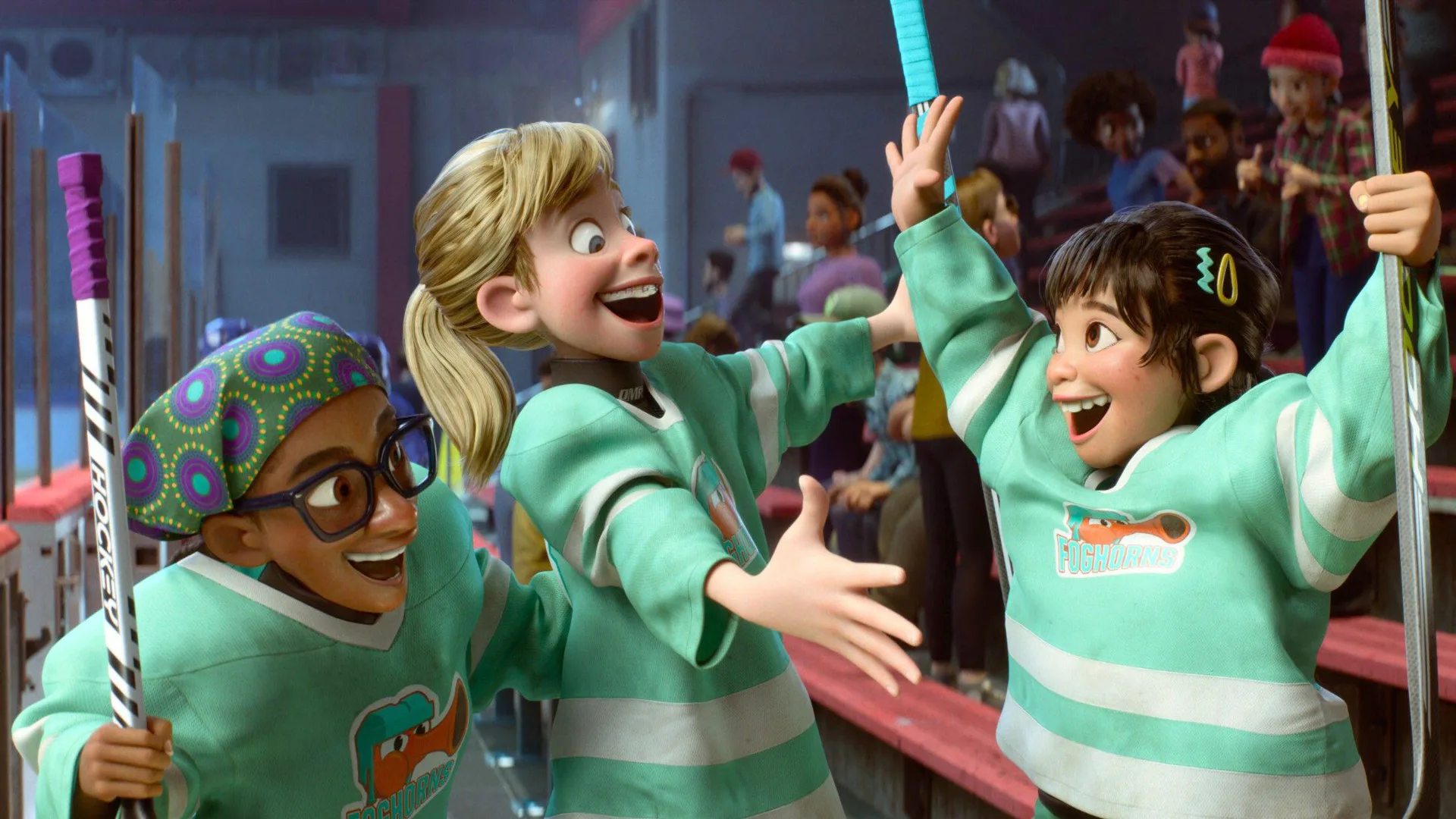 A still from Inside Out 2 showing Riley celebrating with her hockey team all laughing and ready to hug