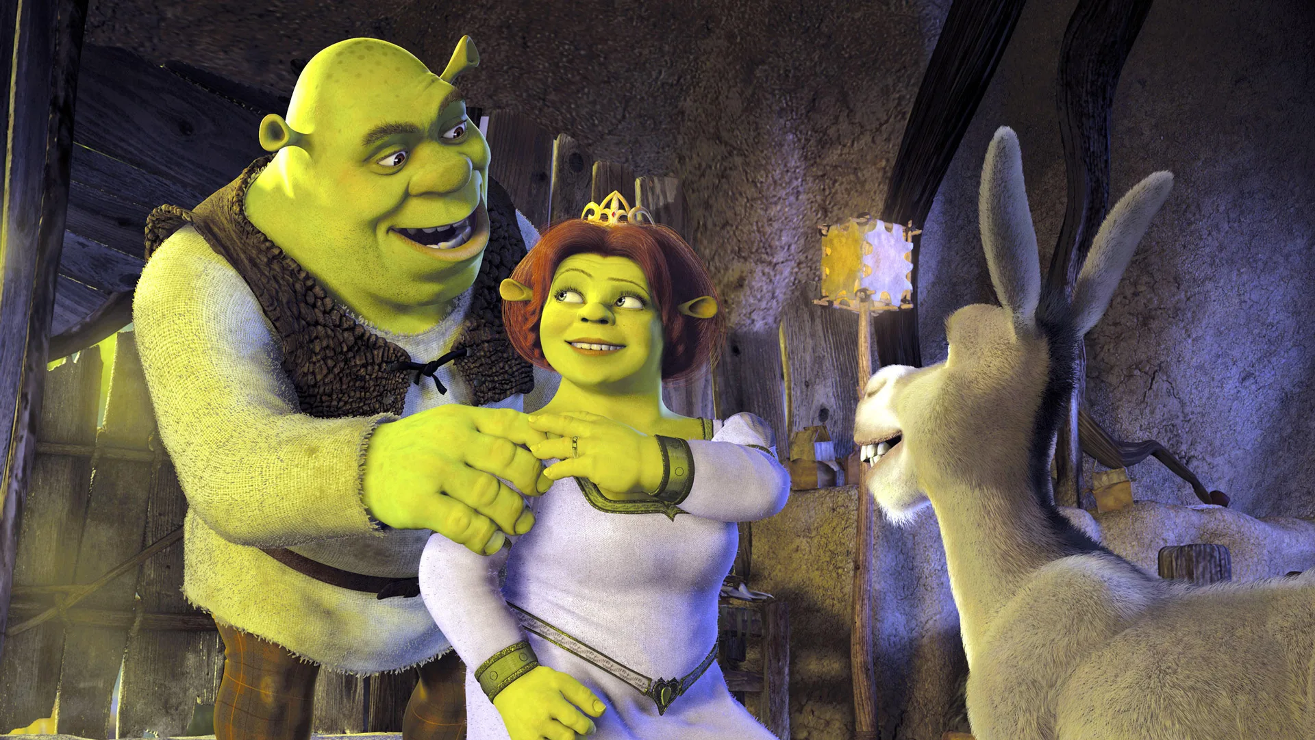 Shrek with his two friends the princess and donkey in a castle room