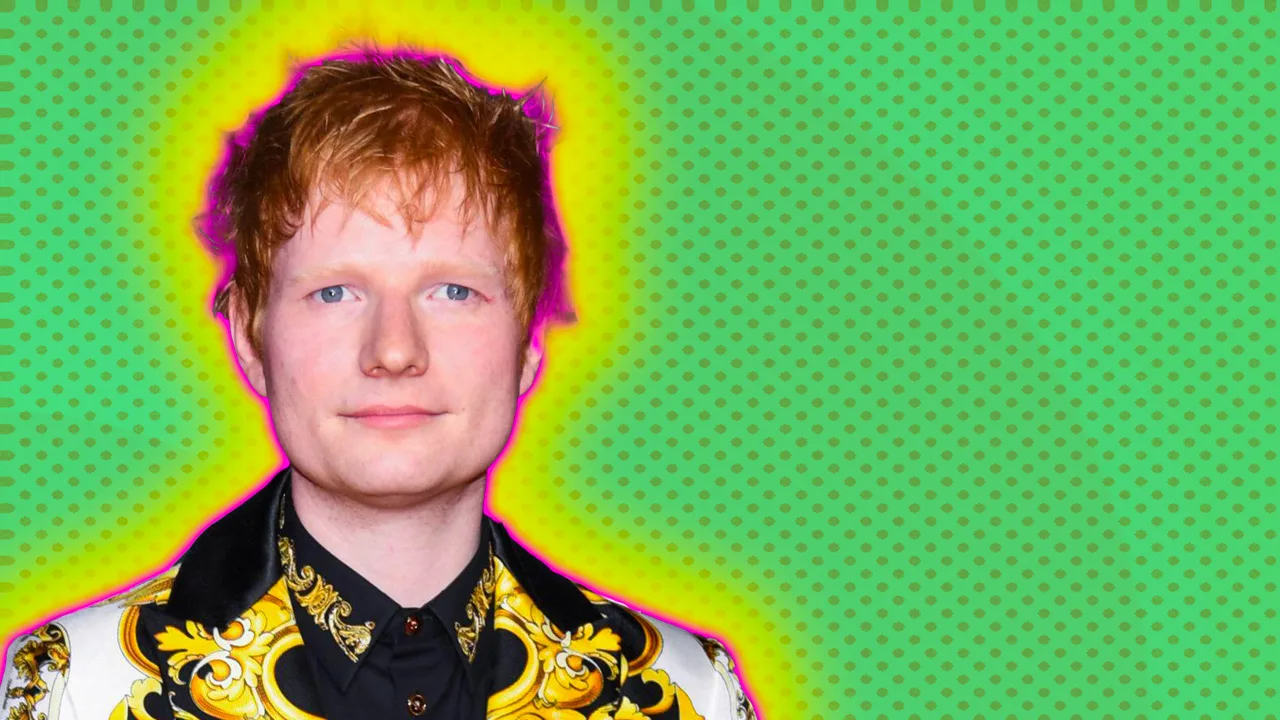 Ed Sheeran wearing a black and gold jacket with a pink and yellow halo around him against a green dotted background