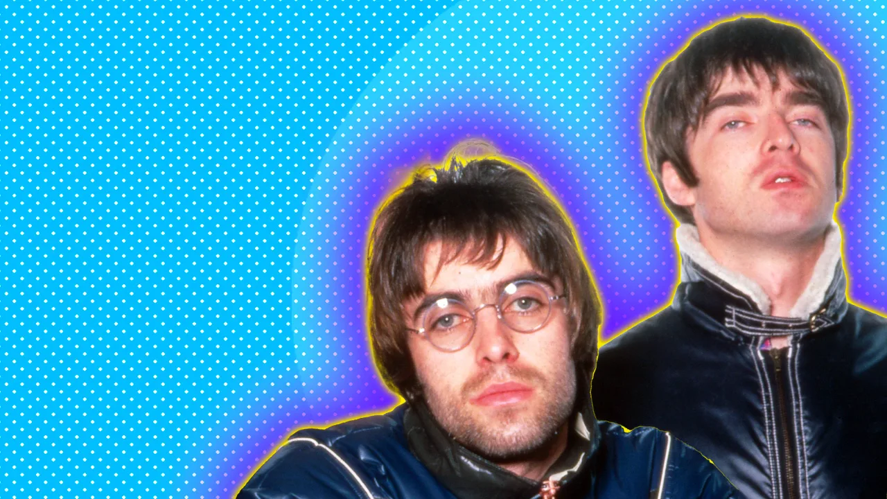 A photo of Oasis frontmen Liam and Noel Gallagher surrounded by a yellow and purple halo against a blue dotted background