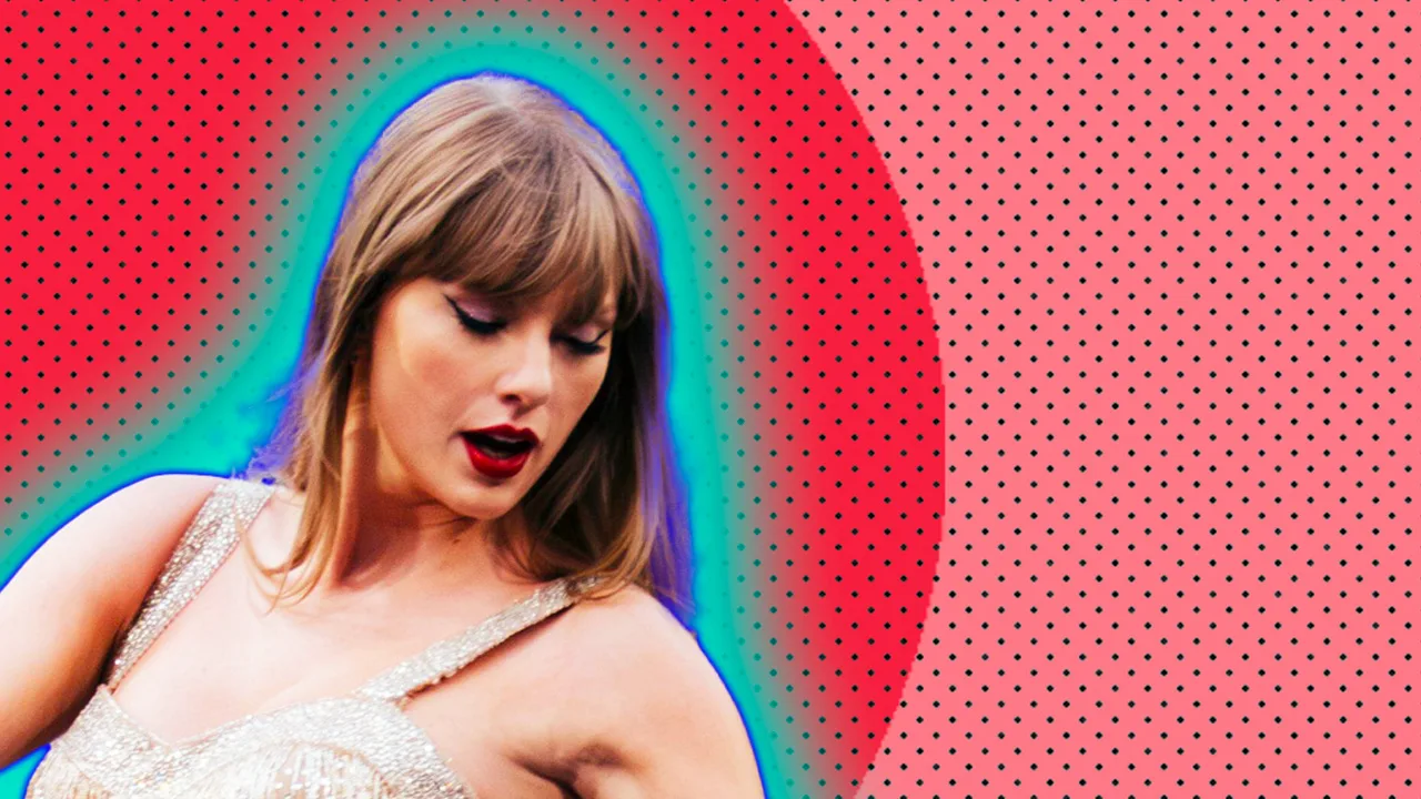 An image of Taylor Swift looking down wearing a beige dress with a blue halo against a pink dotted background